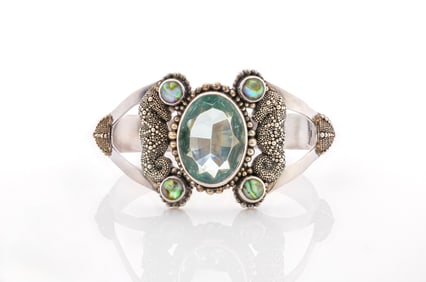 Cuff Bracelet with Large Oval-Cut Light Blue Gemstone