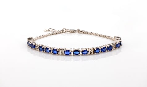 Silver Tennis Bracelet with Blue Sapphire and Diamonds