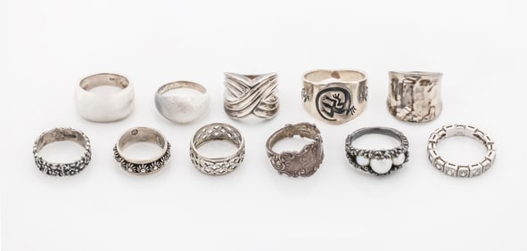 Set of 11 Sterling Silver Rings with Multiple Designs