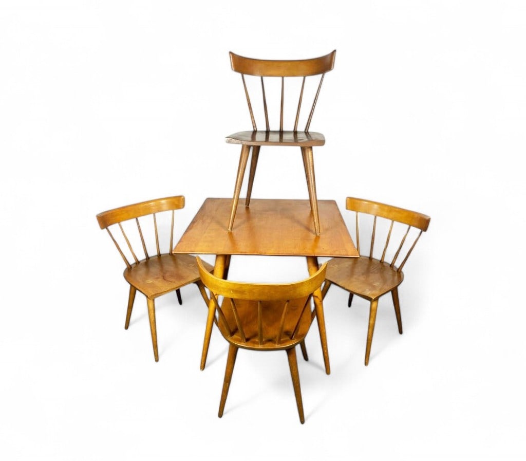 Paul McCobb Planner Group Dinette Set, 1950s: Description: Mid-Century Modern square dining table with four chairs designed by Paul McCobb 1950- 1959. The expandable table and chairs retain it's original finish. A set thats over 70 years old, Des