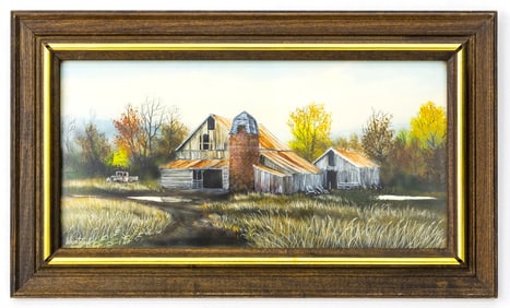 Herbert Weintraub (American, 1934-2019) Mixed Media Painting, Autumn Barns