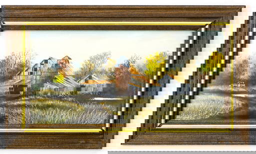 Herbert Weintraub (American, 1934-2019) Mixed Media Painting, Autumn Barns: Artist: Herbert Weintraub (American, 1934–2019)Title: Autumn BarnsMedium: Mixed Media on boardSignature: Signed “Weintraub” lower leftDimensions: 19.5" x 11.5" (with frame) | 16" x 8"