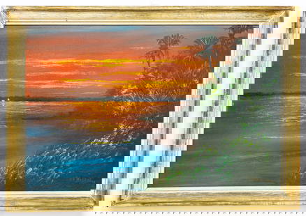 Roy McLendon Florida Highwaymen O/B Painting: Artist, Year, Title: R.A Mclendon (1932-2024), Florida Highwaymen, Fire Sky Inlet. Origin: Florida, 1960's Medium: Oil on board. Dimensions: Without frame: 36' x 24' in. With