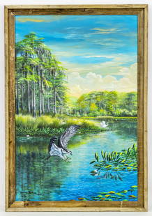 Daniel Butler Florida Highwaymen A/C Painting: Artist, Year, Title: Daniel Butler, "Untitled," Acrylic on CanvasOrigin: Florida, 2025Dimensions: Without frame: 24" x 36" | With frame: 27" x 39"Weight: Approx. 4 lbProvenance: Commissioned