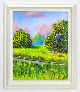 Mark Stanford Orange Grove Picker O/C Painting: Artist, Year, Title: Mark Stanford, Orange Grove Picker 2025 Origin: Florida USAMedium: Oil on Canvas, all palette knife technique.Dimensions: without frame: 20'x 16' in. With frame: 25'x 21'x 1.7'