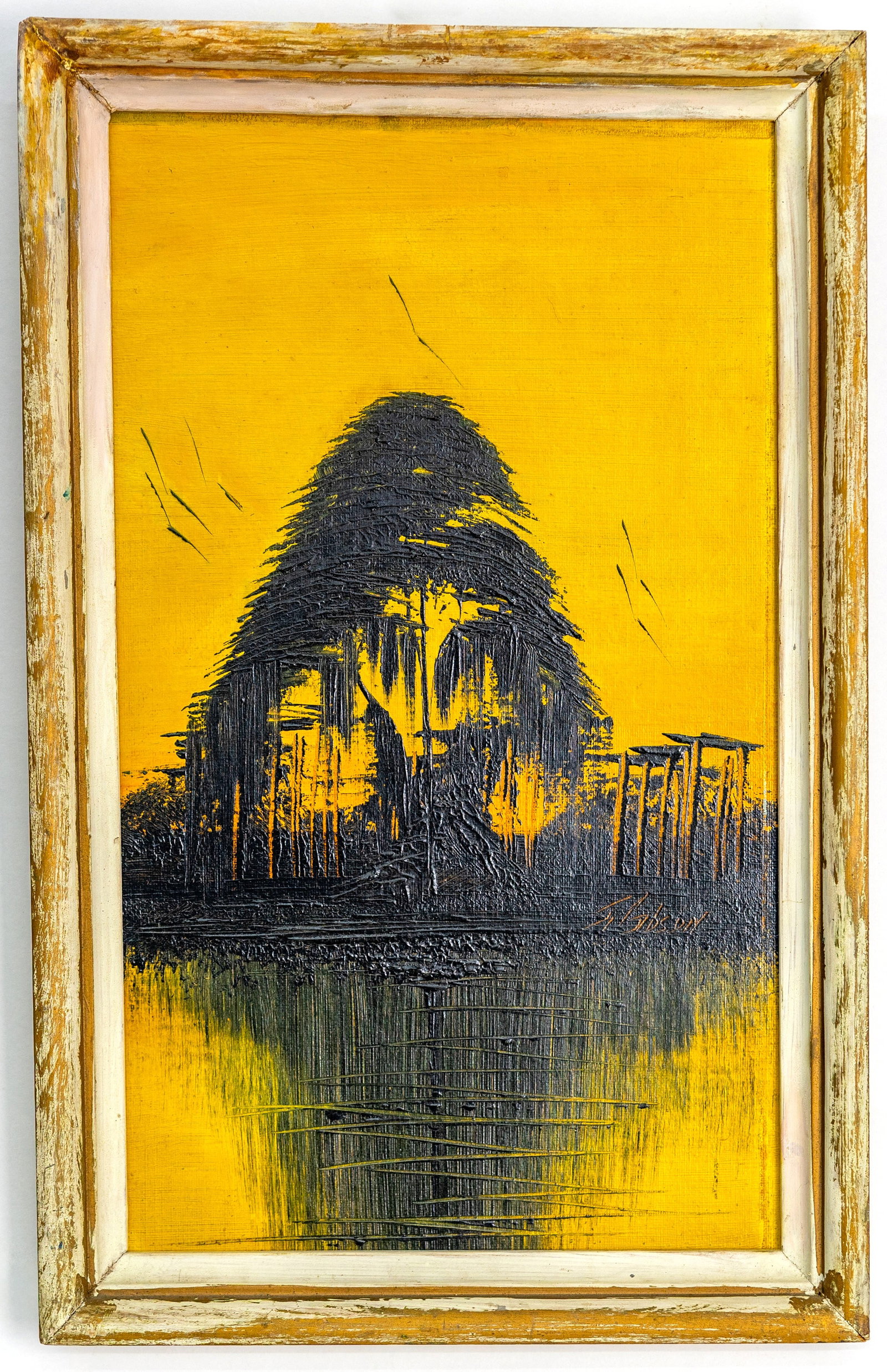 Gibson James 1938-2017 Florida Highwaymen O/B Painting: Description:James Gibson (1938-2017) Florida Highwaymen Oil on board painting features a bold contrast of deep black silhouettes against a vibrant golden-yellow background Artist:JAMES GIBSON (1938-20