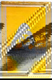 Gibson James 1938-2017 Florida Highwaymen O/B Painting: Description:James Gibson (1938-2017) Florida Highwaymen Oil on board painting features a bold contrast of deep black silhouettes against a vibrant golden-yellow background Artist:JAMES GIBSON