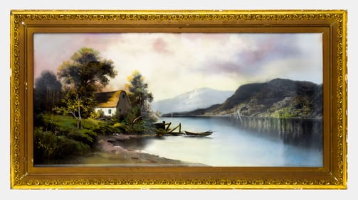 Unsign Artist in Style William Henry Chandler, Pastel Painting, Lake Cottage with Boats