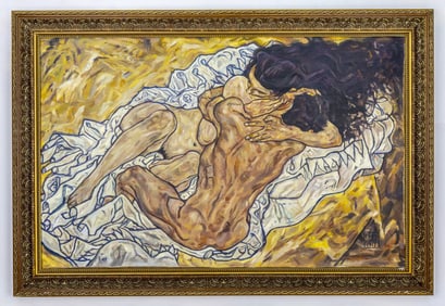 Attr to Egon Schiele Oil on Canvas Painting, Lovers
