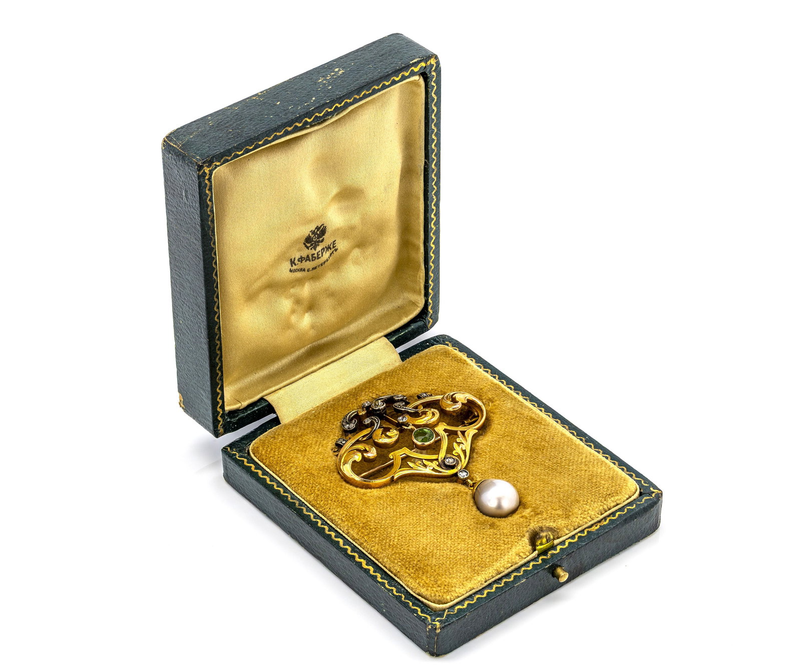 Russian Brooch 18K Gold Diamonds, Pearl, Demantoid Garnet, Faberge Era: Title: Russian Brooch 18K Gold Diamonds, Pearl, Demantoid Garnet, Faberge Era Description: Antique Art Nouveau brooch crafted in 18K Gold. Features old-cut diamonds, 1CT demantoid garnet, and a s