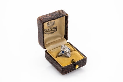 Imperial Russian Diamond, Sapphire, and 14K Gold Ring Faberge Era