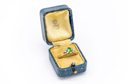 GIA Russian Antique Gold 1.12ct Demantoid Garnet & Diamonds Ring Faberge Era