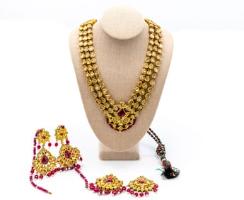 Set of 5 Piece Kundan Jewelry 21K Gold Amethyst & 13.80ct Diamonds