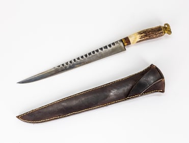 Antique Custom-Made Stag Knife with Carved Blade and Rma's Head Pommel