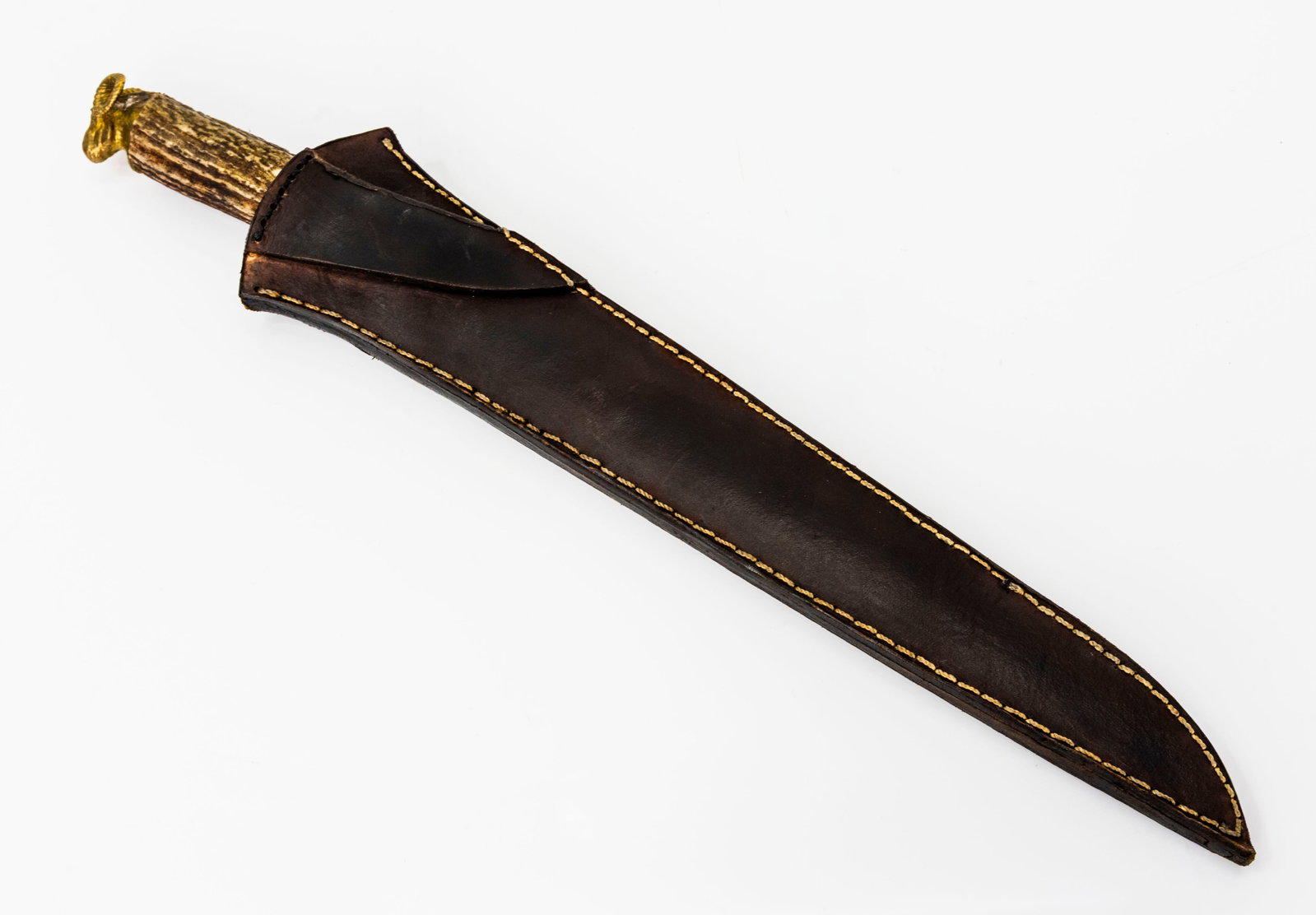 Antique Custom-Made Stag Knife with Carved Blade and Rma's Head Pommel: Title: Antique Custom-Made Stag Knife with Carved Blade and Rma's Head Pommel Description: Custom vintage knife featuring a carved steel blade, stag anther handle, and detailed brass ram's head pommel