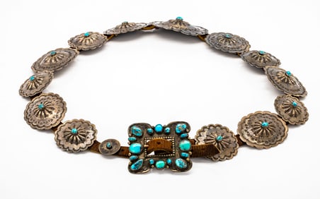 Vintage Navajo Sterling Silver & Turquoise Small Concho Belt