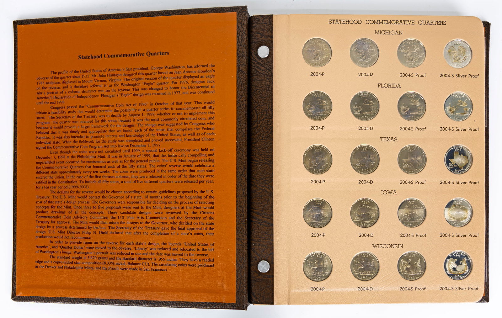 Washington Quarters - Statehood Commemorative (2004-2008): Title: Washington Quarters Statehood Commemorative Album (2004-2008), Including Proofs Description: Dansco No. 8144 collector's album featuring the final 25 U.S. Statehood Quarters (2004-2008), each r