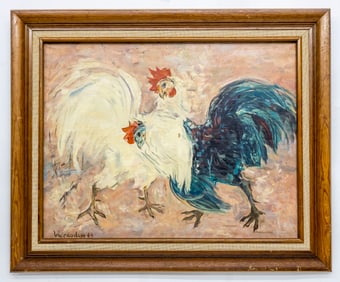 After Vu Cao Dam (Vietnam/France, 1908–2000) Coqs, 1964, Oil on Canvas Painting