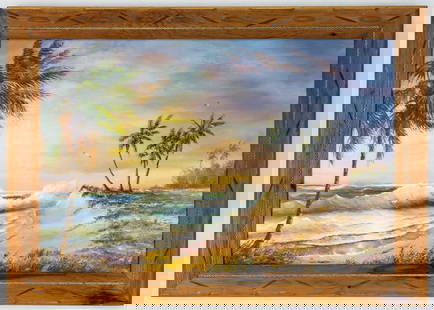 Florida Landscape, Oil on Canvas Painting, Coastal Sunset with Palms: Artist, Year, Title: Yuriy Poslak (Russian-American, b. 1957), Coastal Sunset with PalmsOrigin: USA, FloridaMedium: Oil on Canvas
