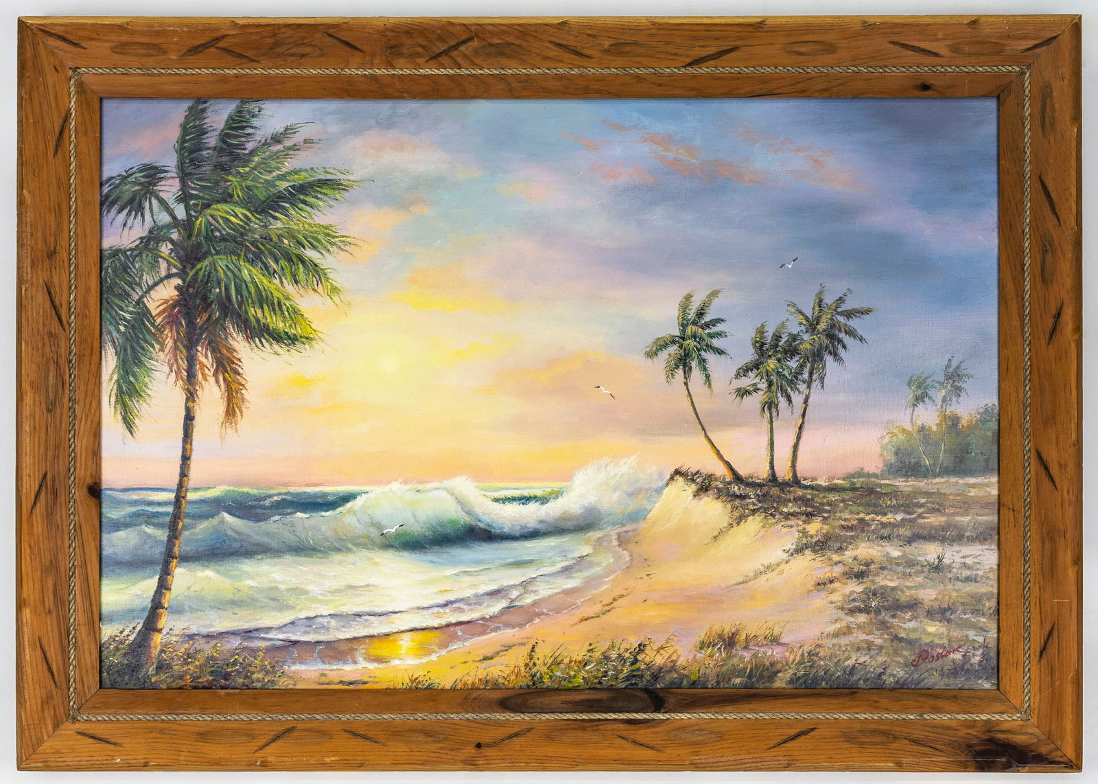 Florida Landscape, Oil on Canvas Painting, Coastal Sunset with Palms