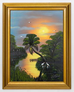 Al Black Florida Highwaymen Oil on Board Painting, Sunset Over the Water: Artist, Year, Title: Al Black Florida Highwaymen. sunset over the water. 2025Origin:&nbsp;Florida, USA.Medium: Oil on Board&nbsp;