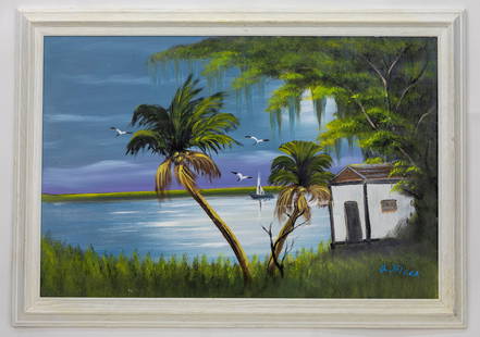 Al Black Florida Highwaymen, Oil on Board Painting, Sunset over the Water: Artist, Year, Title: Al Black Florida Highwaymen. sunset over the water. 2025Origin: Florida, USA.Medium: Oil on Board