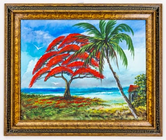 Robert R.L. Lewis Highwaymen Oil on Canvas Painting Ponciana Tree