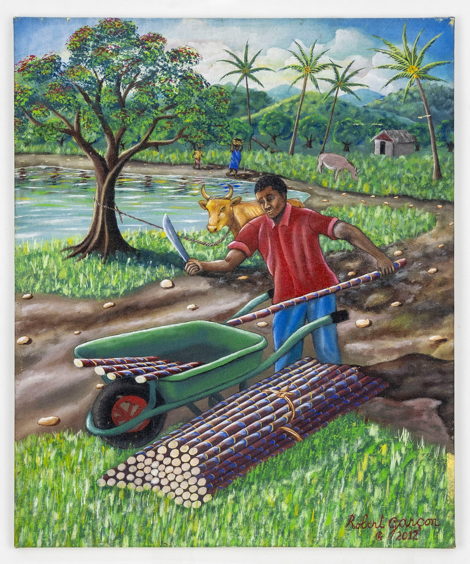 Roberto Garcon Le Marchand de Canne a Sucre, Acrylic on Canvas Painting: Artist, Year, Title: Roberto Garcon (Hatian, Contemporary), Le marchand de canne a sucre, 2012 Origin: Haiti Medium: Acrylic on Canvas
