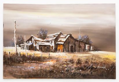 Milena/R (European) Rustic Barn Landscape Oil on Canvas