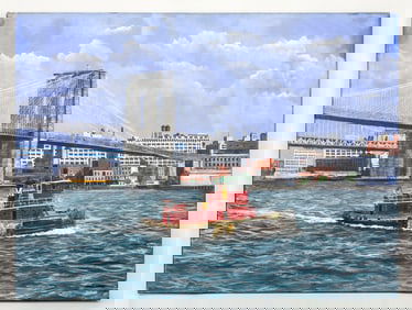 Herbert Weintraub (American,1934-2019), Brooklyn Bridge and Tugboat Oil on Canvas