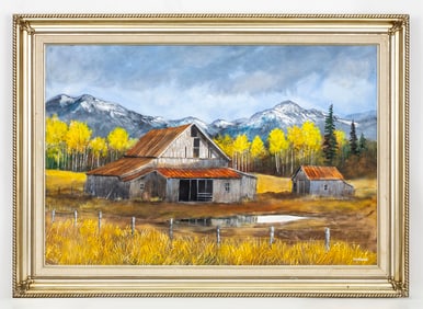 Herbert Weintraub (American, 1934-2019), Barn in Autumn Landscape, Oil on Canvas