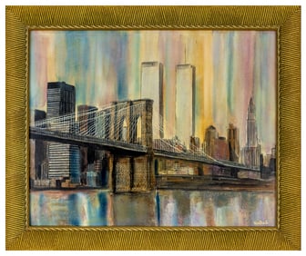 Herbert Weintraub (American, 1934-2019) Twin Towers & Brooklyn Bridge, Oil on Canvas Painting