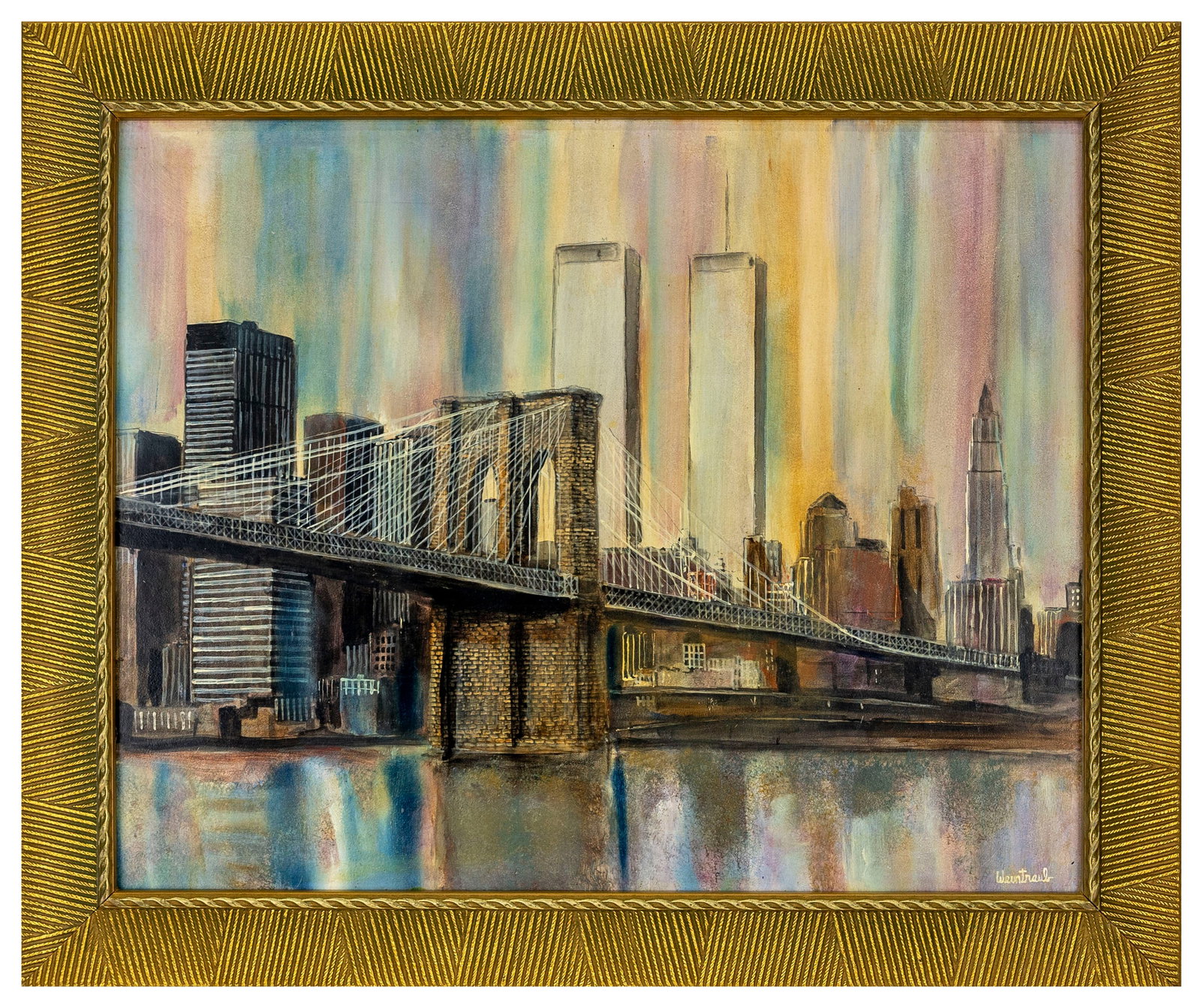 Herbert Weintraub (American, 1934-2019) Twin Towers & Brooklyn Bridge, Oil on Canvas Painting: Artist: Herbert Weintraub (American, NY / Florida, 1934-2019) Title: Twin Towers & Brooklyn Bridge Medium: Mixed Media on board Signature: Signed "Weintraub&rdqu