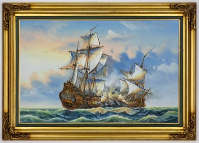 J. Harvey, Naval Battle Scene Oil on Canvas
