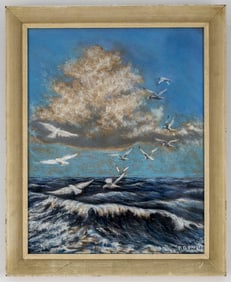 R. Bower, Seagulls over a Stormy Sea, Pastel on Board
