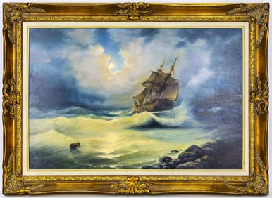 Attr to Ivan Aivazovsky (Russian, 1817 - 1900), Stormy Sea with Ship, Oil on Canvas