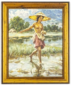 Attr to Fernando Cueto Amorsolo (Philippines, 1892-1972) Oil on Canvas Painting, Young Woman Sowing