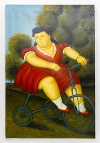 Lady on a Bike, After Fernando Botero, Oil on Canvas Painting