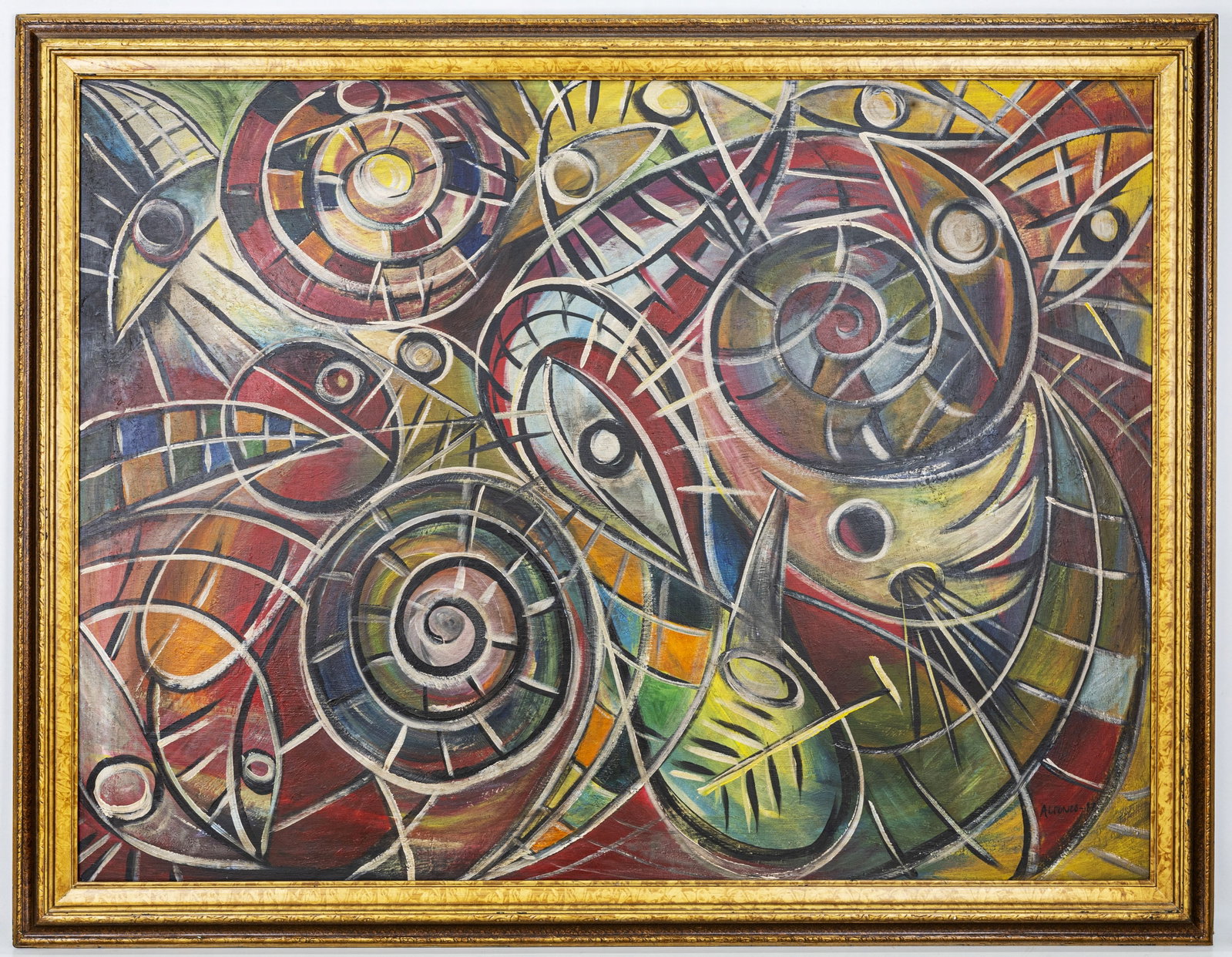 Carlos Alfonzo 1987, Cuban Artist, Oil on Canvas Abstract Painting: Artist, Year, Title: Carlos Alfonzo, 1987, Untitled Abstract Composition Origin: Cuba / United States Medium: Oil on canvas Dimensions: 58 x 42 in. (framed) | 48
