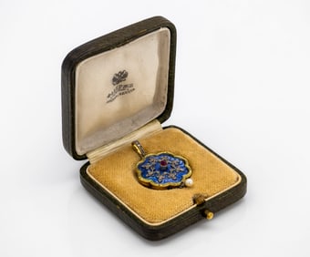 Russian Antique Locket Pendant 18k Gold, Enamel, Diamonds, Pearl and Ruby Faberge Era