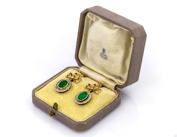 Russian Antique Gold Earrings Emeral Cabochon & Diamond drop Faberge Era