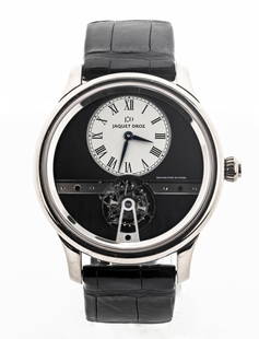 Jaquet Droz La Chaux-De-Fonds Tourbillon Watch 43mm White Gold Black Dial Ref. J023034201: Brand: Jaquet Droz Model: La Chaux-De-Fonds Tourbillon Reference: J023034201 Case Size and Material: 43mm / 18k White Gold Bracelet Style and Mate