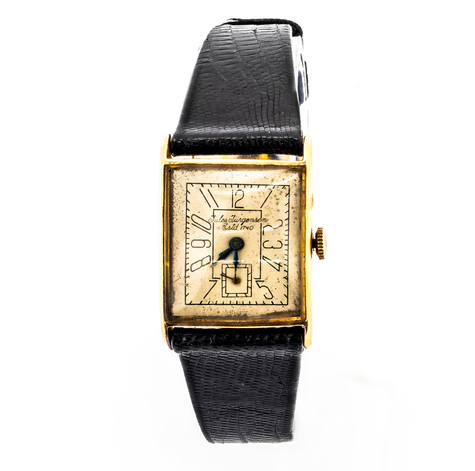 Jules Jurgensen 52957 Watch Swiss Made 14K Gold: Description: Jules Jurgensen wristwatch features a rectangular gold-tone case with a white dial, black Arabic numerals, and a sub-second dial at the 6o'clock position. Production Year: 1940's