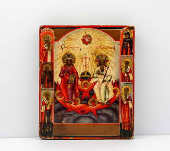 19th century Russian icon - The New Testament Trinity: Description: Icon depicting the New Testament Trinity South of Russia (Vetka). Age: Middle 19th century. Origin: Russia Region (Vetka). Materials: Egg tempera gilt and gessoed wooden panel. Dimensions