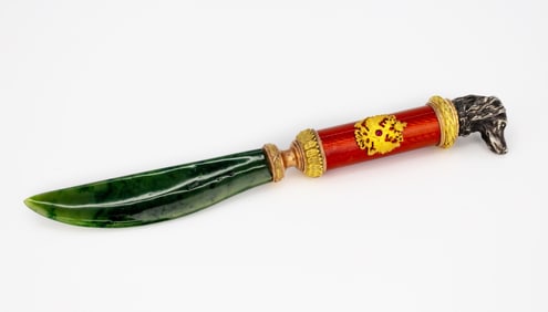 Russian Imperial Fabere Era Presentation Letter Opener with Jade Blade and Dog Head Finial