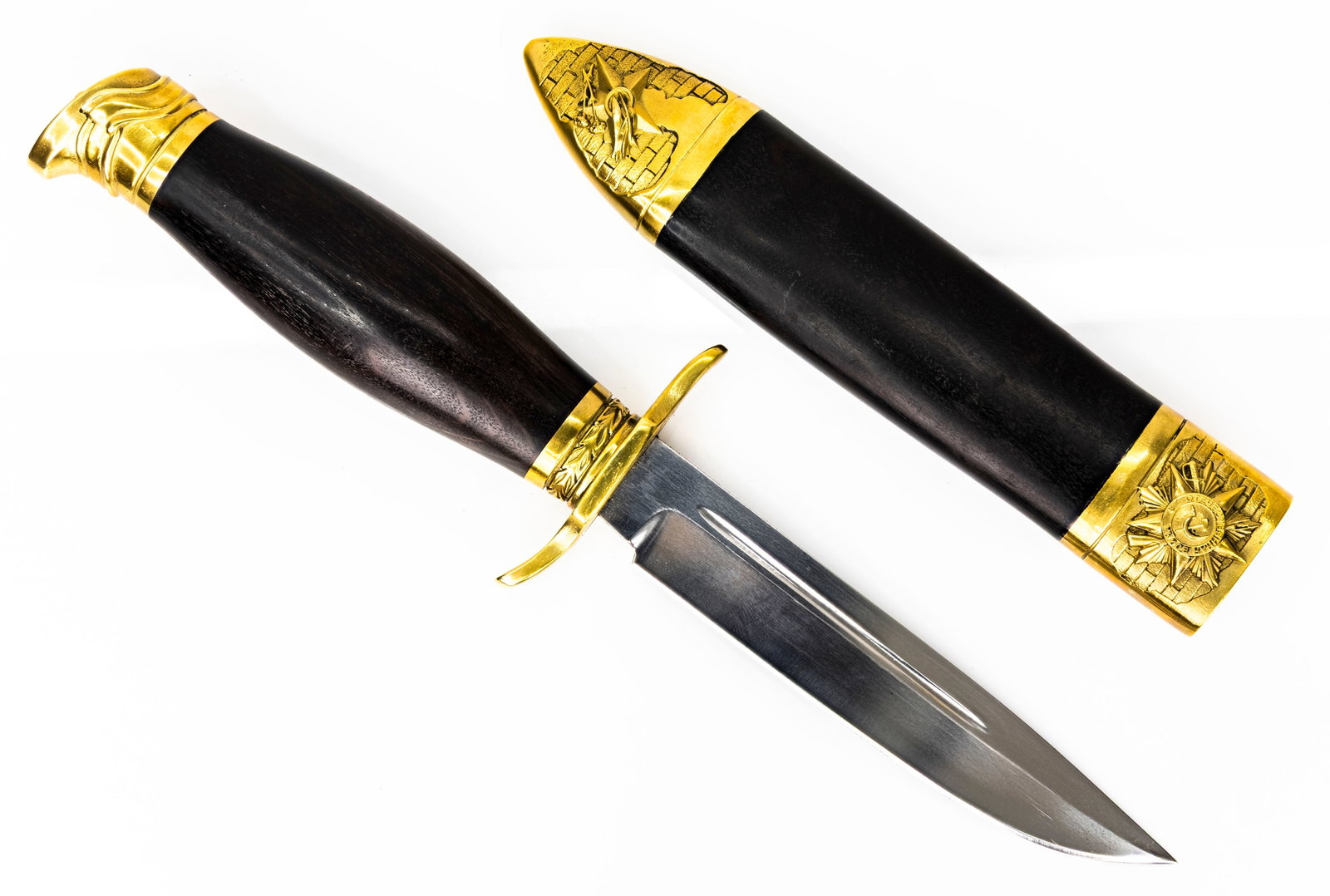 Russian Knife Finka KGB "WWII 40 Victory USSR": Title: Russian Knife Finka KGB with stamp "World War 40 Victory USSR" Description: Russian Knife Finka KGB with 95X18 stainless steel blade, stamped "World War 40 Victory USSR." Features a polished bl