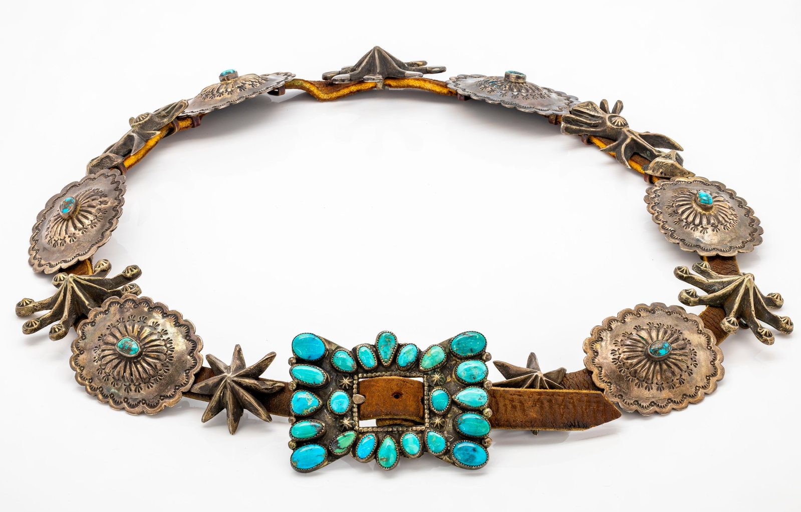 Vintage Navajo Sterling Silver & Turquoise Large Concho Belt: Title: Vintage Navajo Sterling Silver & Turquoise Concho Belt Description: Vintage navajo concho belt with large hand-stamped conchos and vibrant turquoise cabochons on leat