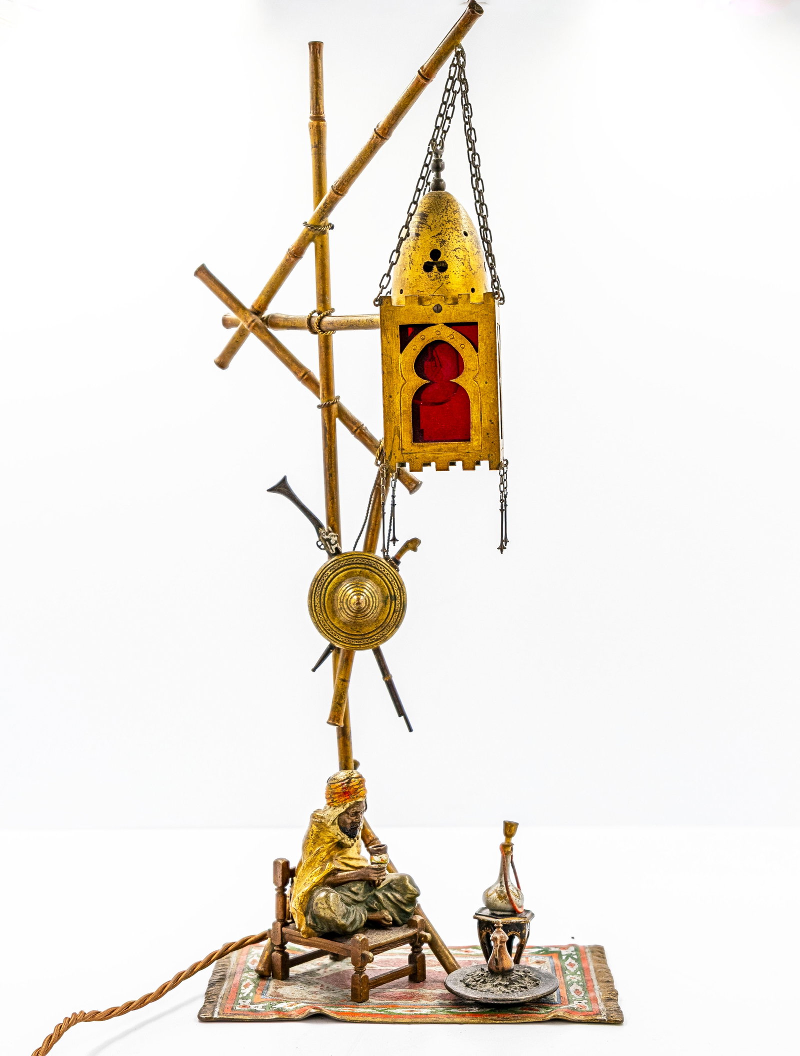 Attributed to Franz Bergman (Austrian, 1861-1936) Lamp: Title: Attributed to Franz Bergman, Orientalist Lamp Origin: Austria, Late 19th to Early 20th Century Medium: Cold-Painted Bronze, Glass, Wood Dimensions: Approx