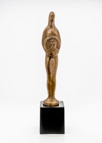 Modernist Cast Metal Sculpture Mounted on a Wooden Cube Base