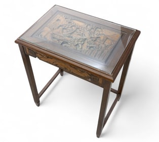 Asian-style Carved Wood Occasional Table with Glass Top